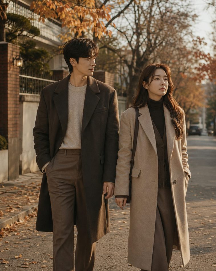 가을 거리를 나란히 걷는 커플